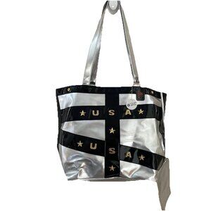 Comeco Metallic Faux Leather Tote Handbag Large Silver USA Stars Studded Glam